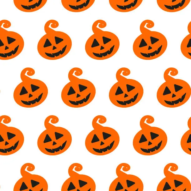 Vector illustration of Halloween doodle festive seamless pattern with pumpkin. Cute vector illustration for seasonal design, textile, decoration kids playroom, wrapping or greeting card. Hand drawn prints. Trick or treat.