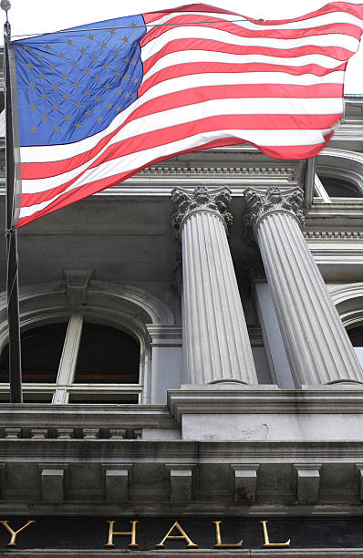 Flag waving in front of City Hall, Boston