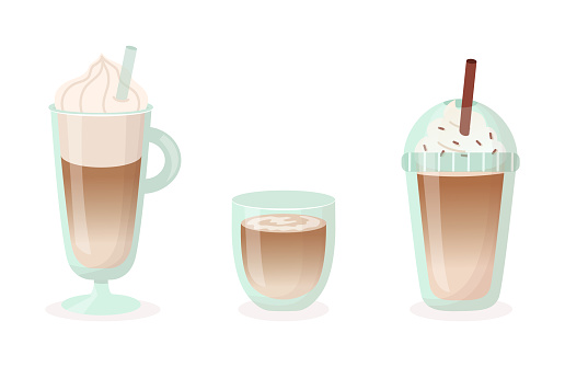 Set of coffee dessert drinks in flat style on isolated background. Latte, cappuccino, mocha. Vector illustration