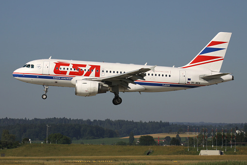 Oberglatt, Switzerland - June 27, 2011: CSA Czech Airlines Airbus A319-100 with registration OK-MEK on short final for runway 14 of Zurich Airport.