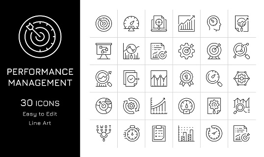 Performance Management Editable Stroke Vector Icon Set. SWOT Analysis, KPI, Chart, Analyzing, Efficiency, Performance, Business Target