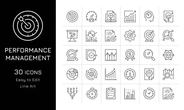 Vector illustration of Performance Management Icon Set. SWOT Analysis, KPI, Chart, Analyzing, Efficiency, Performance, Business Target