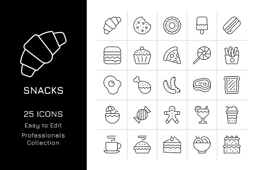 Snacks Editable Stroke Vector Icon Set. Croissant, Cookie, Donut, Ice Cream, Hot Dog, Hamburger, Pizza, Cake, Candy