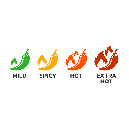Spicy and extra hot peppers or hallapeno icon set. Mexican and Asian food