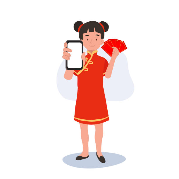 ilustraciones, imágenes clip art, dibujos animados e iconos de stock de celebración del año nuevo chino con el niño en vestido tradicional sosteniendo el teléfono inteligente y el sobre rojo - global traditional culture global communications child