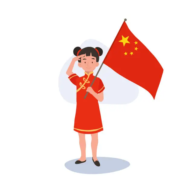 Vector illustration of Joyful Kid in Chinese Traditional Costume with China Flag is saluting