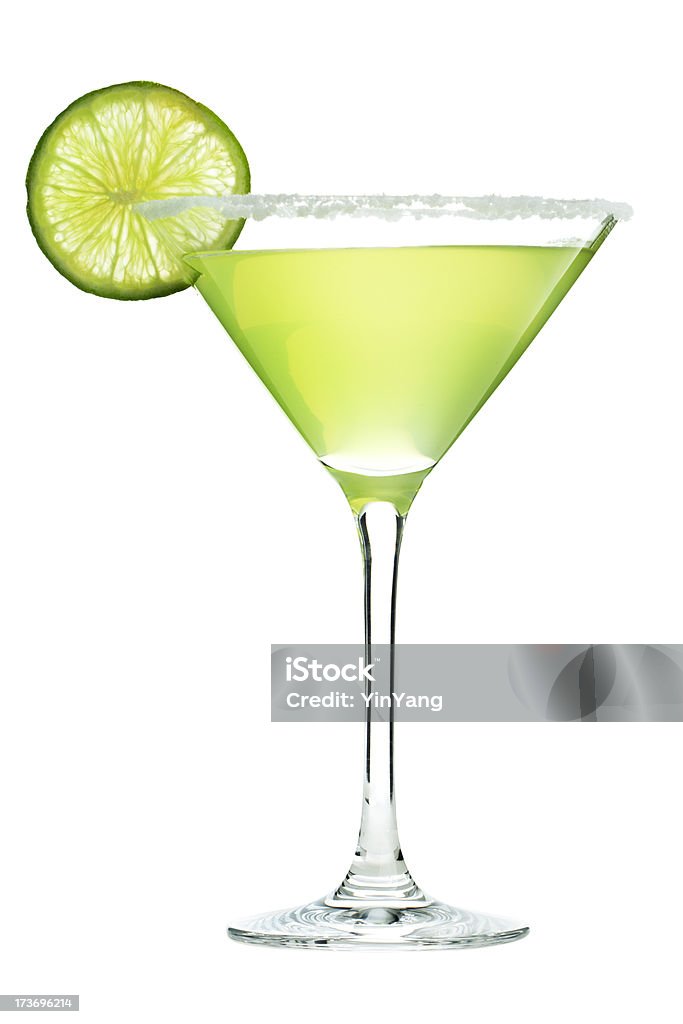 Margarita Cocktail Drink in Martini Glass with Salt and Lime Subject: A cold Margarita cocktail isolated on a white background. Margarita Stock Photo