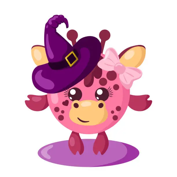 Vector illustration of Funny cute kawaii Halloween giraffe with witch hat in flat design with shadows