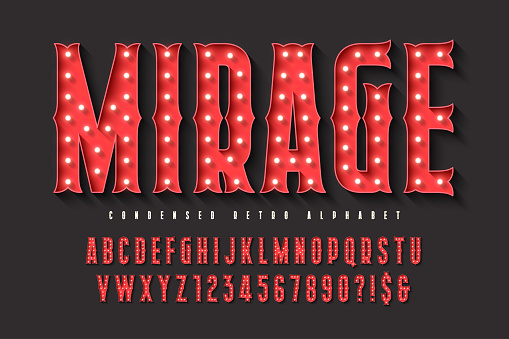 Retro circus alphabet design, cabaret, LED lamps letters and numbers. Original design
