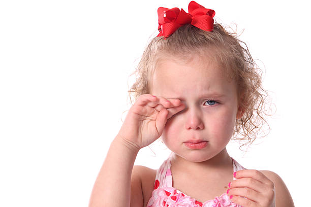 Little girl cries and wipes her eyes