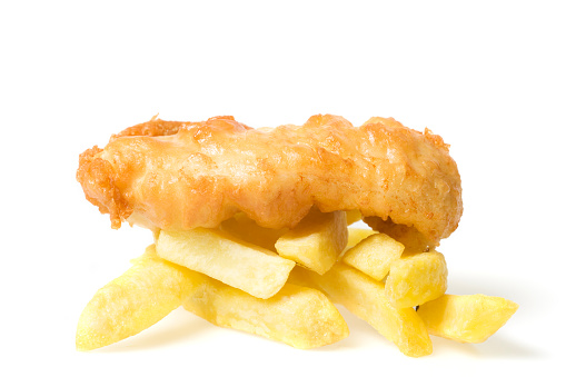 freshly cooked fish and chips isolated on white 