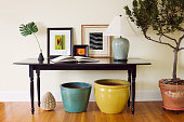 Home Interior Living Room Side Table Decorating Arrangement with Pots