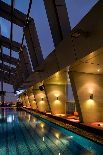Swimming pool and outdoor restaurant at the modern luxury hotel, Pieria, Greece