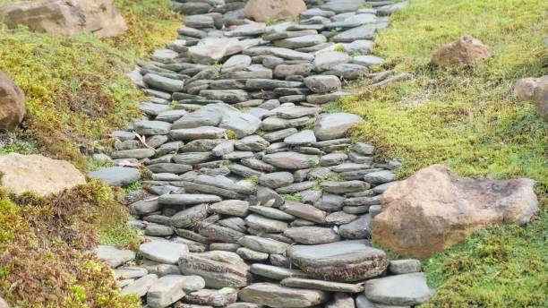 istock Beautiful stone path with green grass. Stone road 1736997416