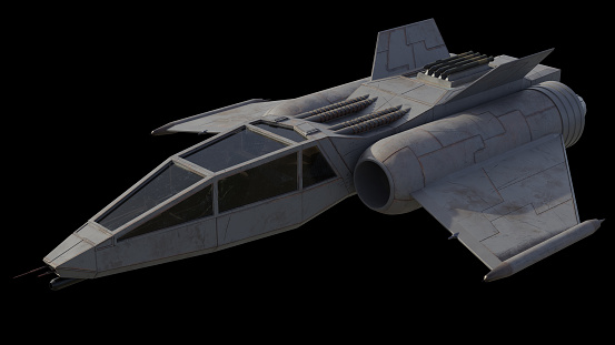 Science fiction illustration of a single seater star fighter spaceship, front angled view, 3d digitally rendered illustration
