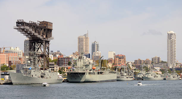 royal navy, sydney, australia - passenger ship ferry crane harbor foto e immagini stock