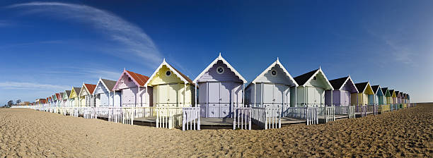 istock Wide angle view of beach huts 173700215