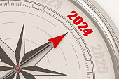 New Year Concept with Arrow of A Compass Pointing 2024