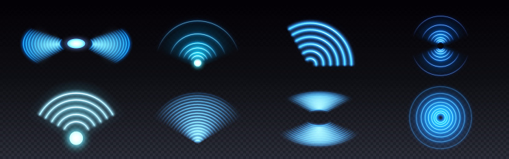 3d wifi neon light symbol technology vector effect. Abstract wireless wave sign glow icon. Sound scan echolocation line concept. Futuristic radial mobile phone spot disc. Concentric sonar antenna