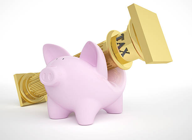 Tax column squeeze a piggybank Concept of a Piggy Bank squeezed by a falling golden column.High resolution render with clipping path included. golden nest egg taxes stock pictures, royalty-free photos & images