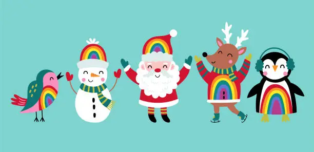 Vector illustration of Christmas holiday cute Santa, snowman, penguin and reindeer with rainbow character set. Childish print for cards, stickers, apparel and decoration. Vector Illustration