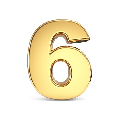 Simple gold font Number 6 SIX 3D rendering illustration isolated on white background