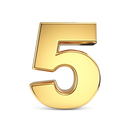 Simple gold font Number 5 FIVE 3D rendering illustration isolated on white background