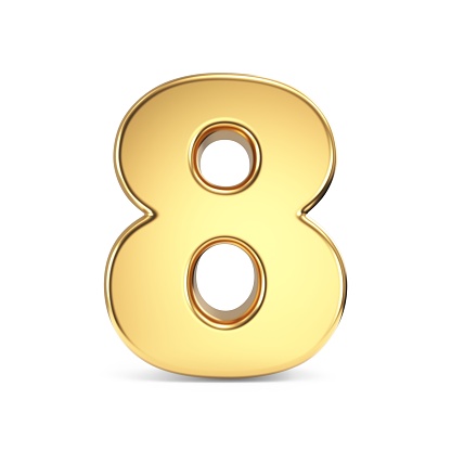Simple gold font Number 8 EIGHT 3D rendering illustration isolated on white background