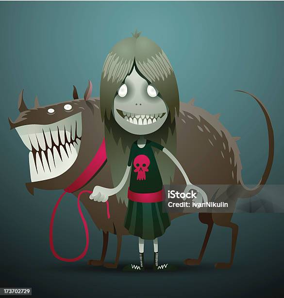 Милый Зло Девушка С Порочным Собака — стоковая векторная графика и другие изображения на тему Девочки - Девочки, Девушки, Собака