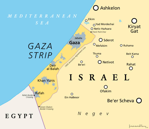 The Gaza Strip and surroundings, a Palestinian territory, political map The Gaza Strip and surroundings, political map. Gaza is a self-governing Palestinian territory and narrow piece of land located on the coast of the Mediterranean Sea, bordered by Israel and Egypt. levant map stock illustrations