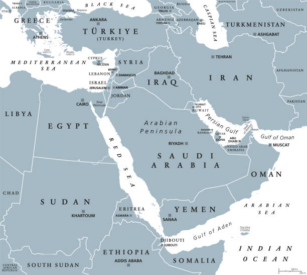 The Middle East, gray political map with capitals and international borders The Middle East, gray political map with capitals and international borders. Geopolitical region encompassing the Arabian Peninsula, the Levant, Turkey, Egypt, Iran and Iraq. Also called Near East. levant map stock illustrations