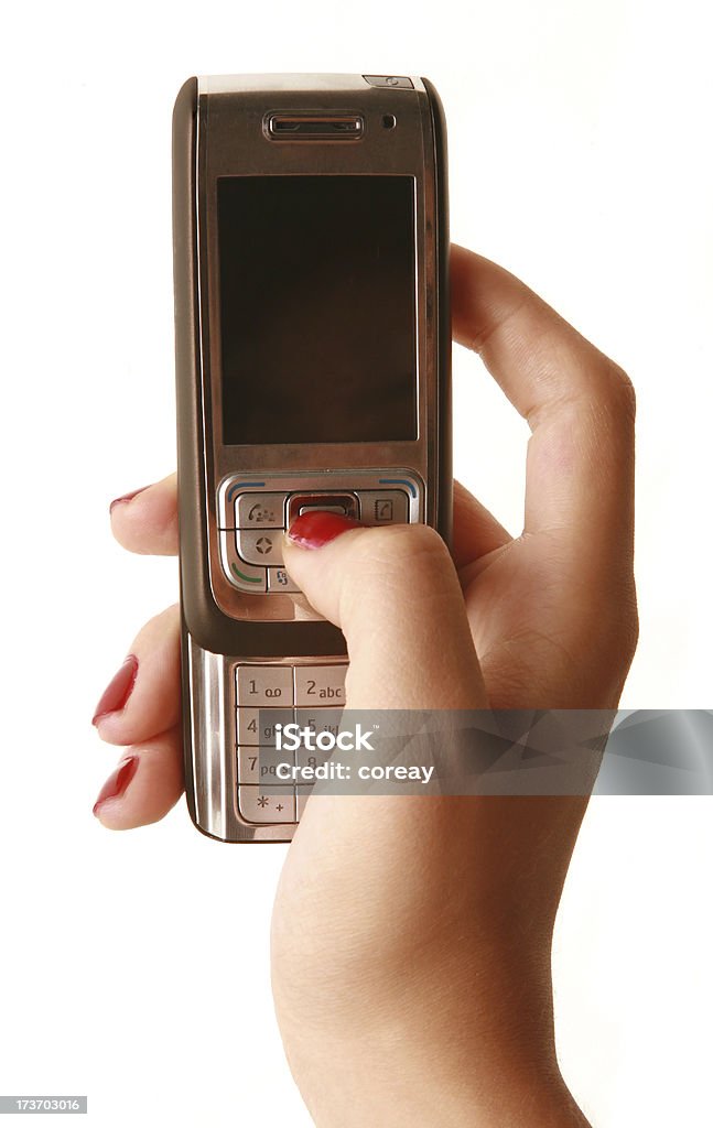 girl holding mobile phone series girl hand and mobile phone isolated on white background. Assistance Stock Photo