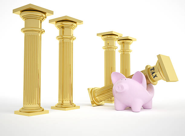 Taxes fall down on savings Concept of a Piggy Bank squeezed by a falling golden column.High resolution render with clipping path (piggy bank and column only) included. golden nest egg taxes stock pictures, royalty-free photos & images