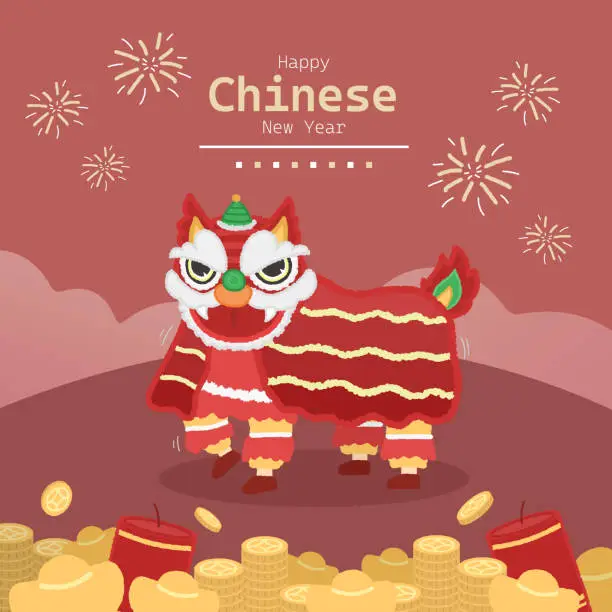 Vector illustration of Happy Chinese New Year illustration with lion dance on red background with lots of money, ingots