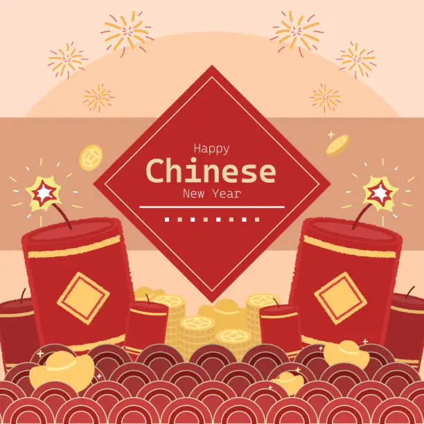 Vector illustration of Happy Chinese New Year illustration with red firecrackers and lots of money on yellow background