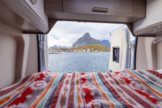 POV from the inside of a camper van looking out at nature