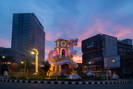 Phuket, Thailand-October 14,2023: View of Surin circle in Phuket city celebrating vegetarian festival in the morning