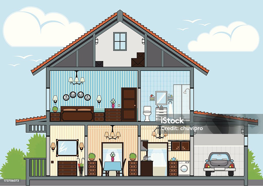 Cutaway of house Cutaway of house with furnishing. House stock vector