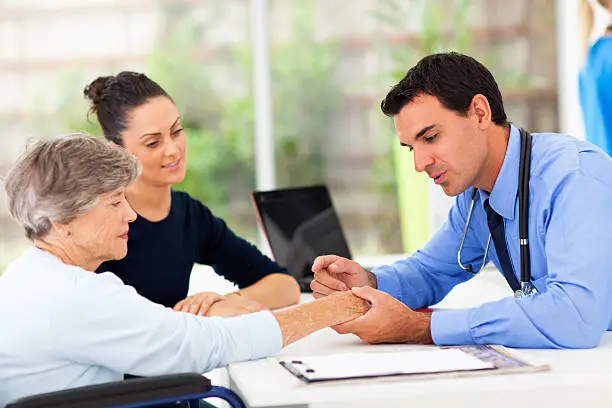 Photo of dermatologist inspecting senior patient skin