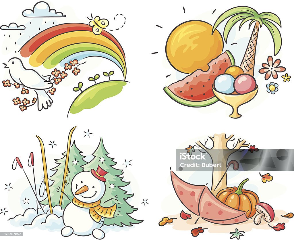Las cuatro seasons - arte vectorial de Muñeco de nieve libre de derechos