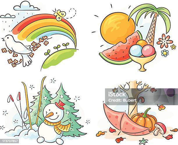 Ilustración de Las Cuatro Seasons y más Vectores Libres de Derechos de Muñeco de nieve - Muñeco de nieve, Verano, Estación - Entorno y ambiente