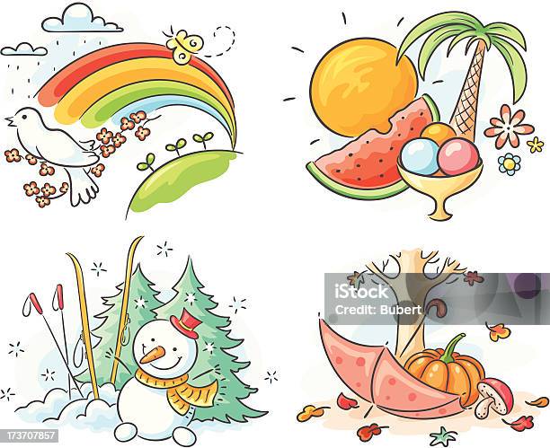 Четыре Сезоны — стоковая векторная графика и другие изображения на тему Снеговик - Снеговик, Лето, Время года