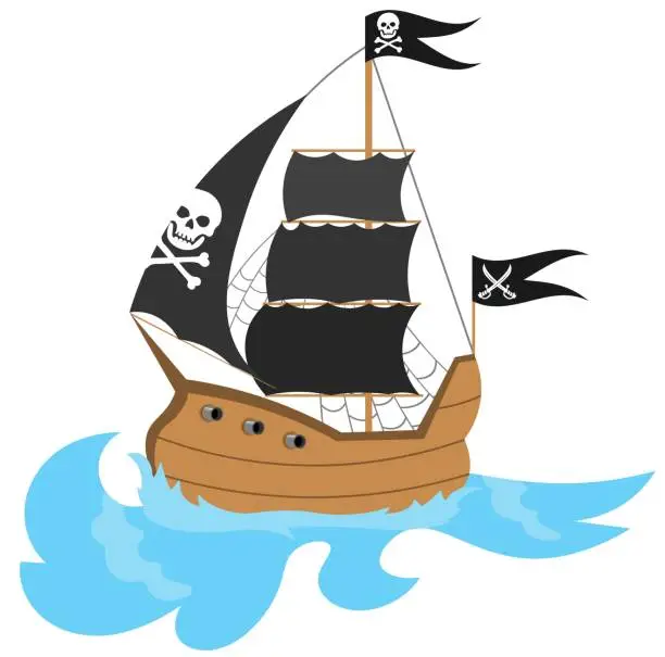 Vector illustration of Pirate adventure.  A pirate ship with a parrot floats on the waves. Pirates party kids adventure.