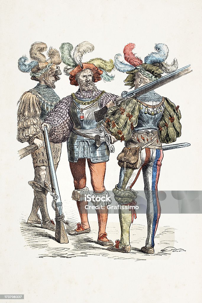 Немецкий солдат с различными костюмы от 16 Век - Стоковые иллюстрации Германия роялти-фри