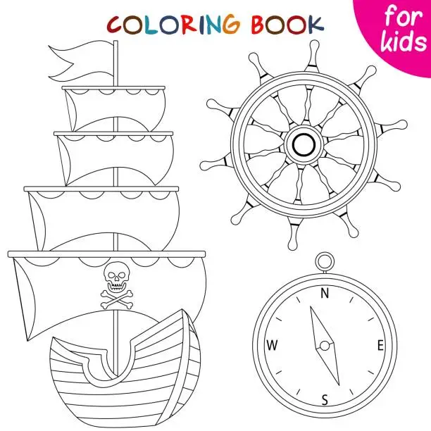 Vector illustration of Pirate adventure. Pirate ship, compass and steering wheel. Coloring book page template