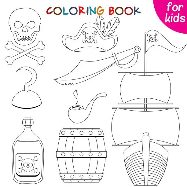 Vector illustration of Pirate adventure. Set of different pirate items. Coloring book page template