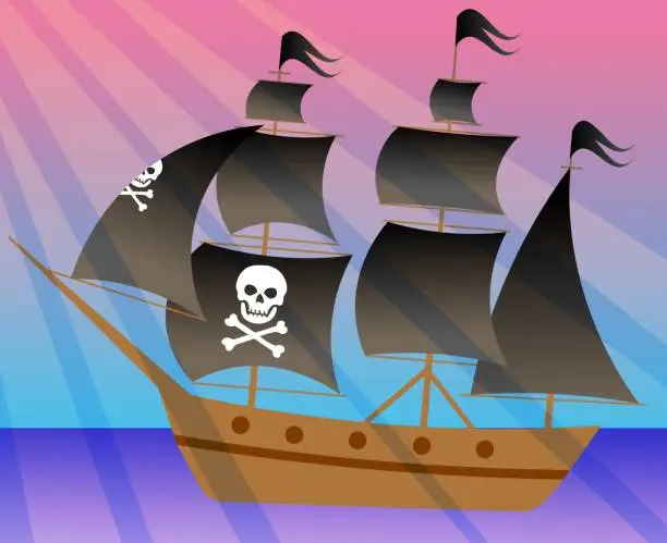 Vector illustration of Pirate adventure.  A pirate ship sails on the sea in the sun's rays. Pirates party kids adventure.