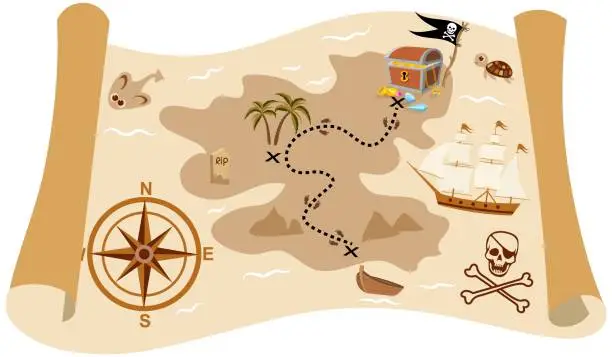 Vector illustration of Pirate adventure. Pirate treasure map. Pirates party kids adventure.