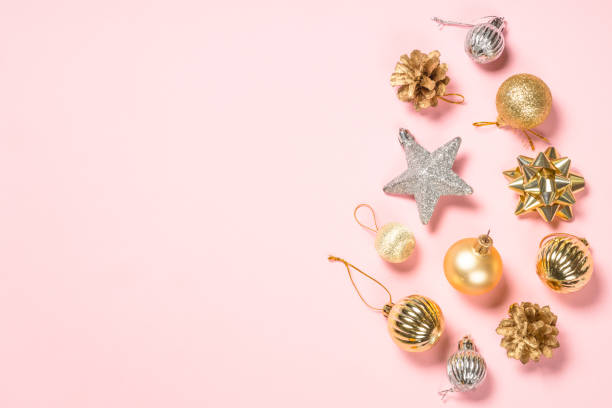 istock Christmas pink flat lay background with holiday decorations. 1737088913