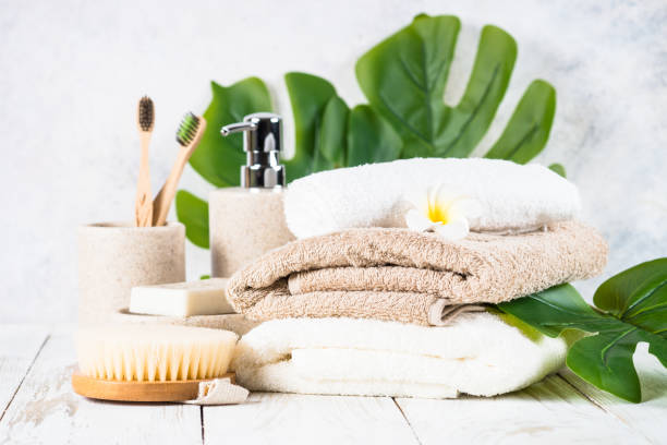 istock Bathroom background with ceramic soap and towels at the table. 1737089453